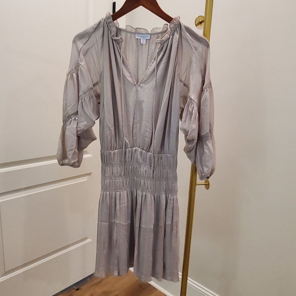 Anthropologie Current Air Dress XS Gray Silver Sparkle Mini Ruffle Smocked Boho